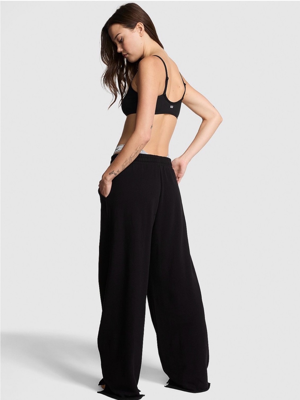 Pink campus fleece wide leg split hem sweatpants